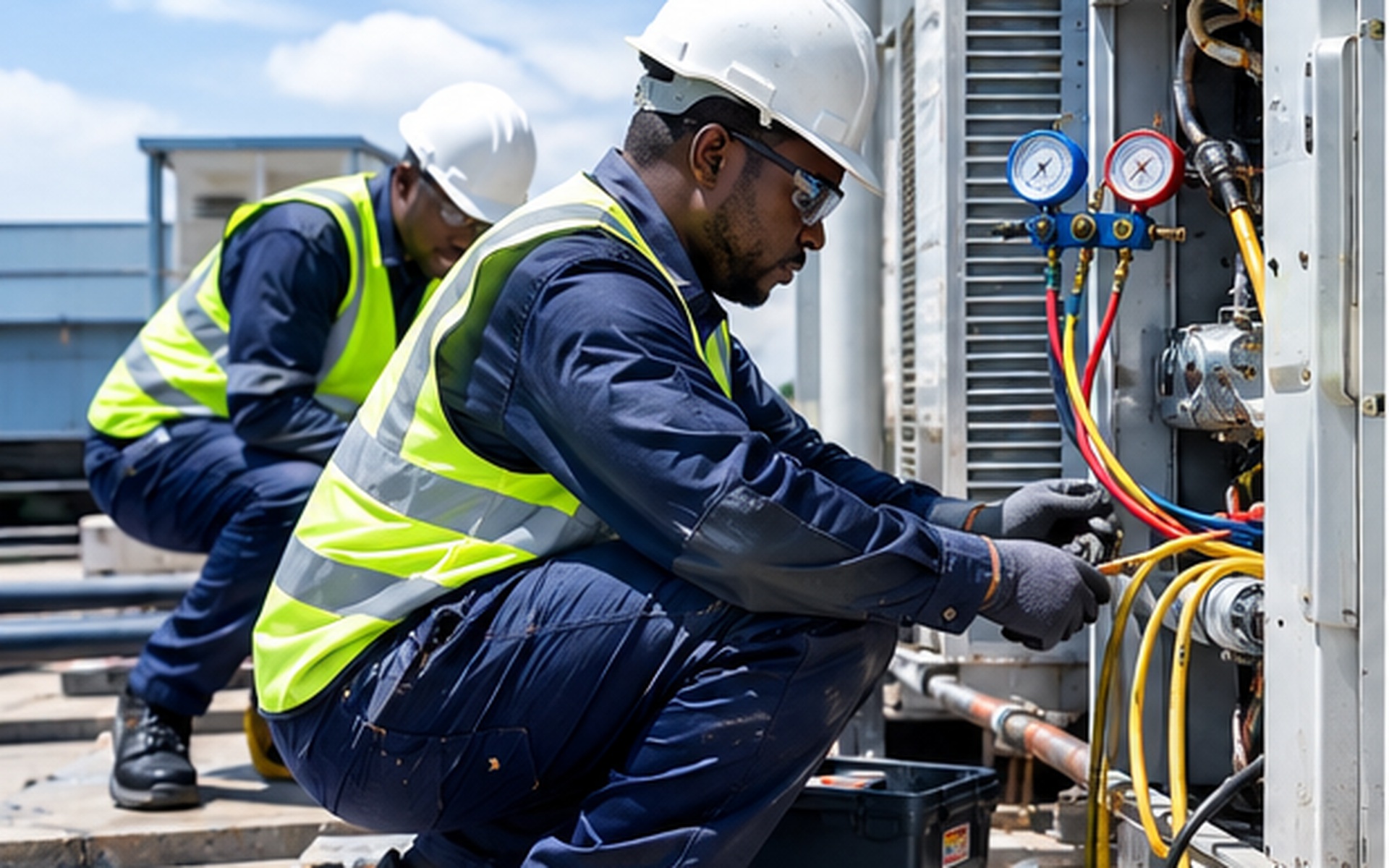 Engineers in protective equipment servicing HVAC systems